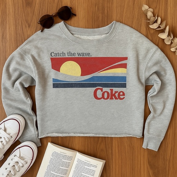 Coca-Cola Vintage “Catch The Wave” Cropped Sweatshirt | Size Large - Picture 1 of 5